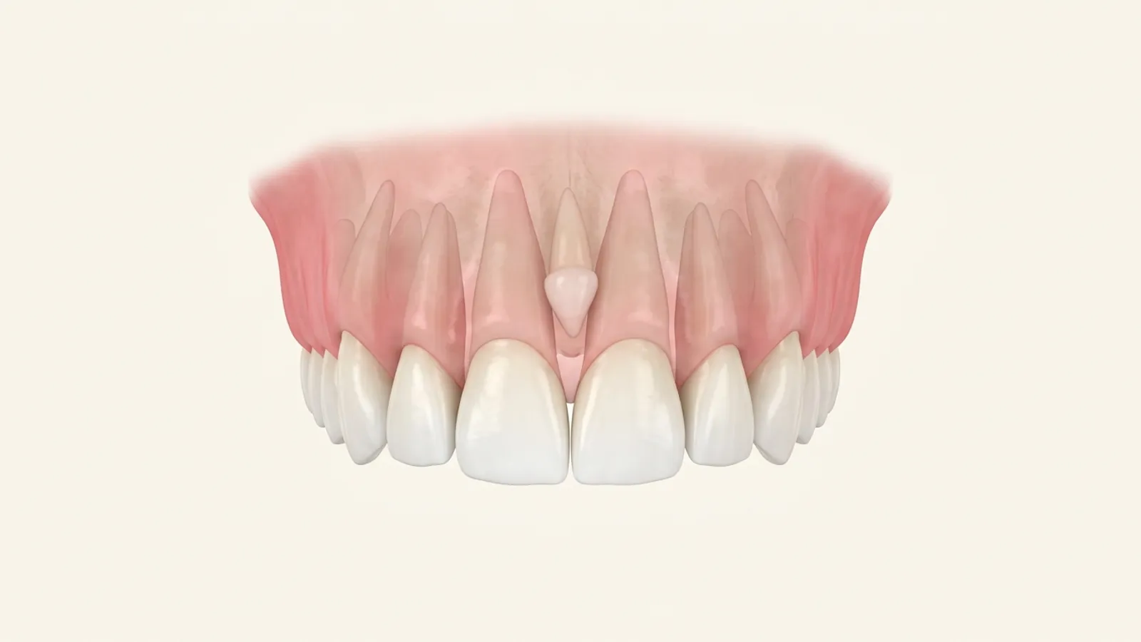 Illustration: a small cone-shaped extra tooth (mesiodens) in the bone between the roots of the two upper front teeth, with a gap between those teeth.